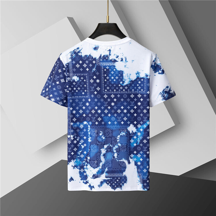 Blue & White Monogram Gradient Cotton Jersey Tee — Fading Motif Design