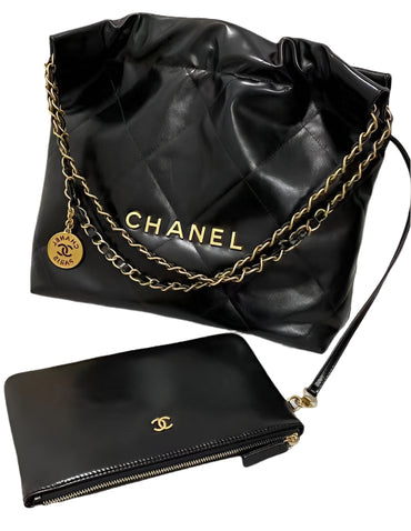 Chanel 22 Small Handbag AS3260 – Black Shiny Crumpled Calfskin with Gold/Silver  “CHANEL” Logo