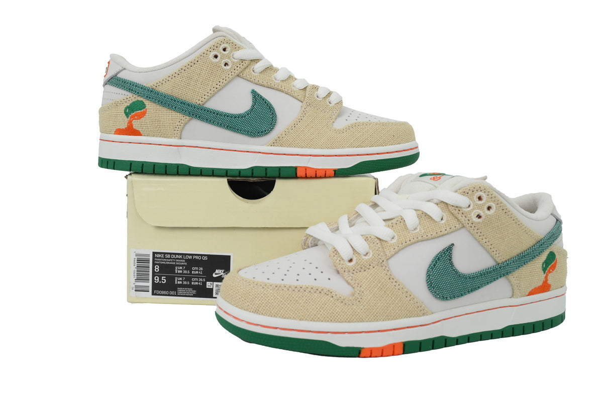 Cream and green canvas low-top sneaker with white leather panels, lace-up closure, and rubber outsole displayed from front and side angles.