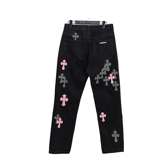 Black Denim Cross Patch Jeans – Pink & Checkered Detail