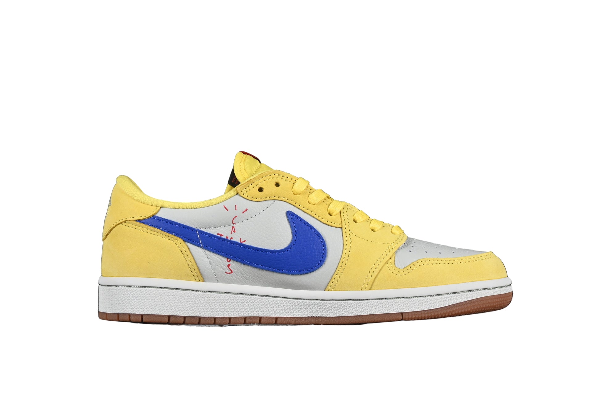 Yellow sneaker with blue graphic on a white background