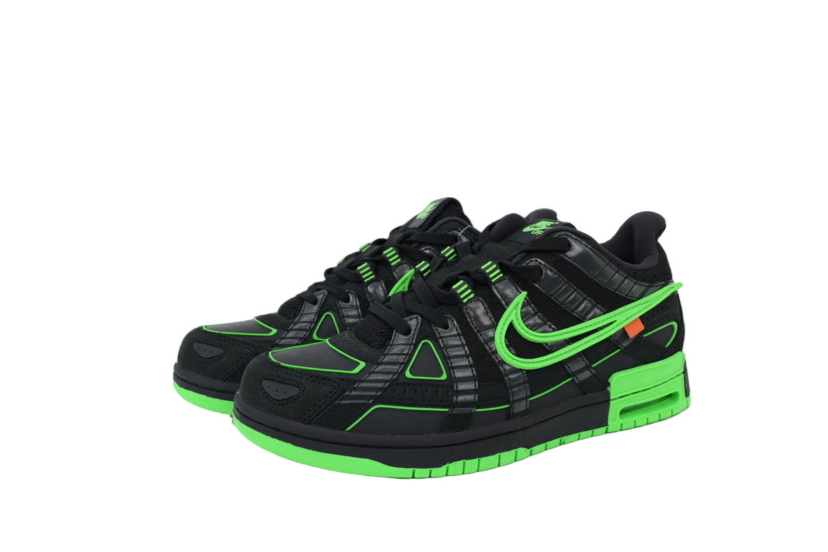 Black and green sneakers with  on a white background