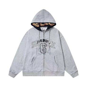Gray hoodie with text design on a white background