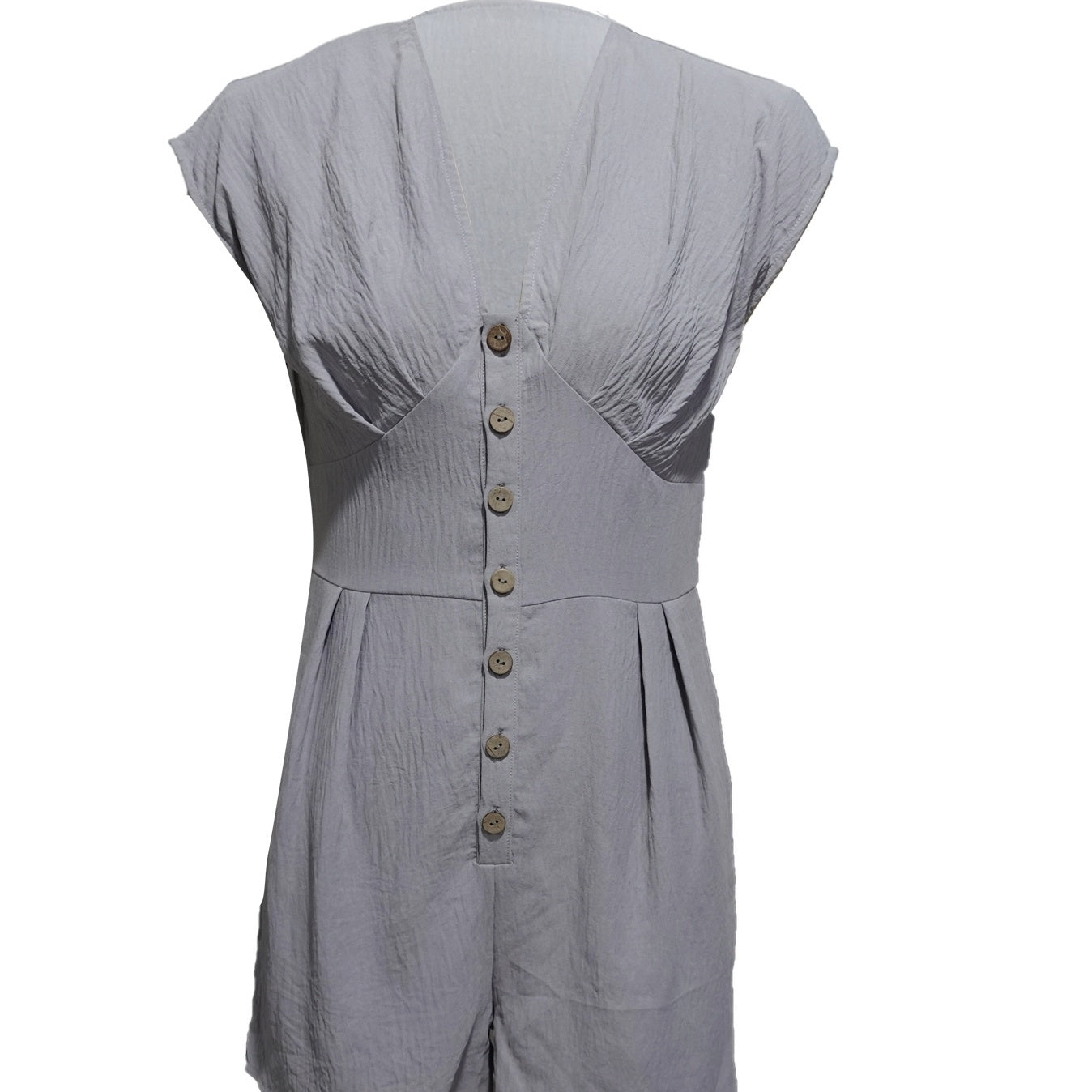 Women’s Short Button Front Jumpsuit – V-Neck Patchwork Romper