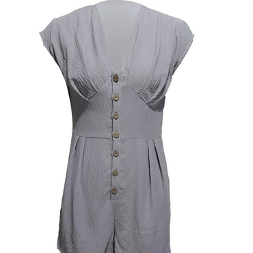Women’s Short Button Front Jumpsuit – V-Neck Patchwork Romper