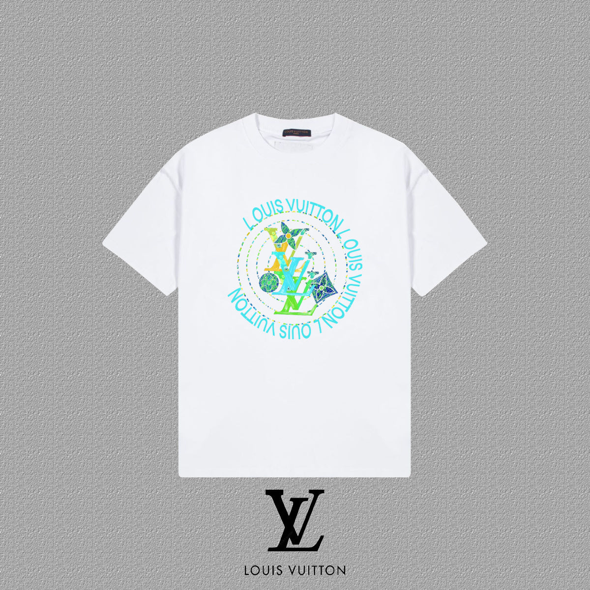 White t-shirt with colorful graphic  on a gray background