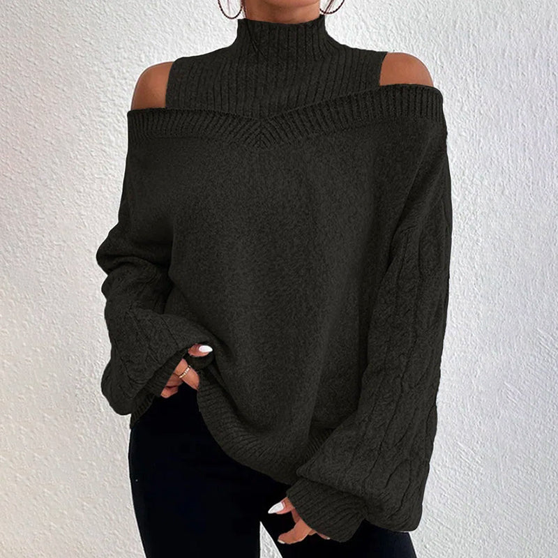 Women's Cold Shoulder Sweater - High Neck Cut Out Pullover Long Sleeve Top