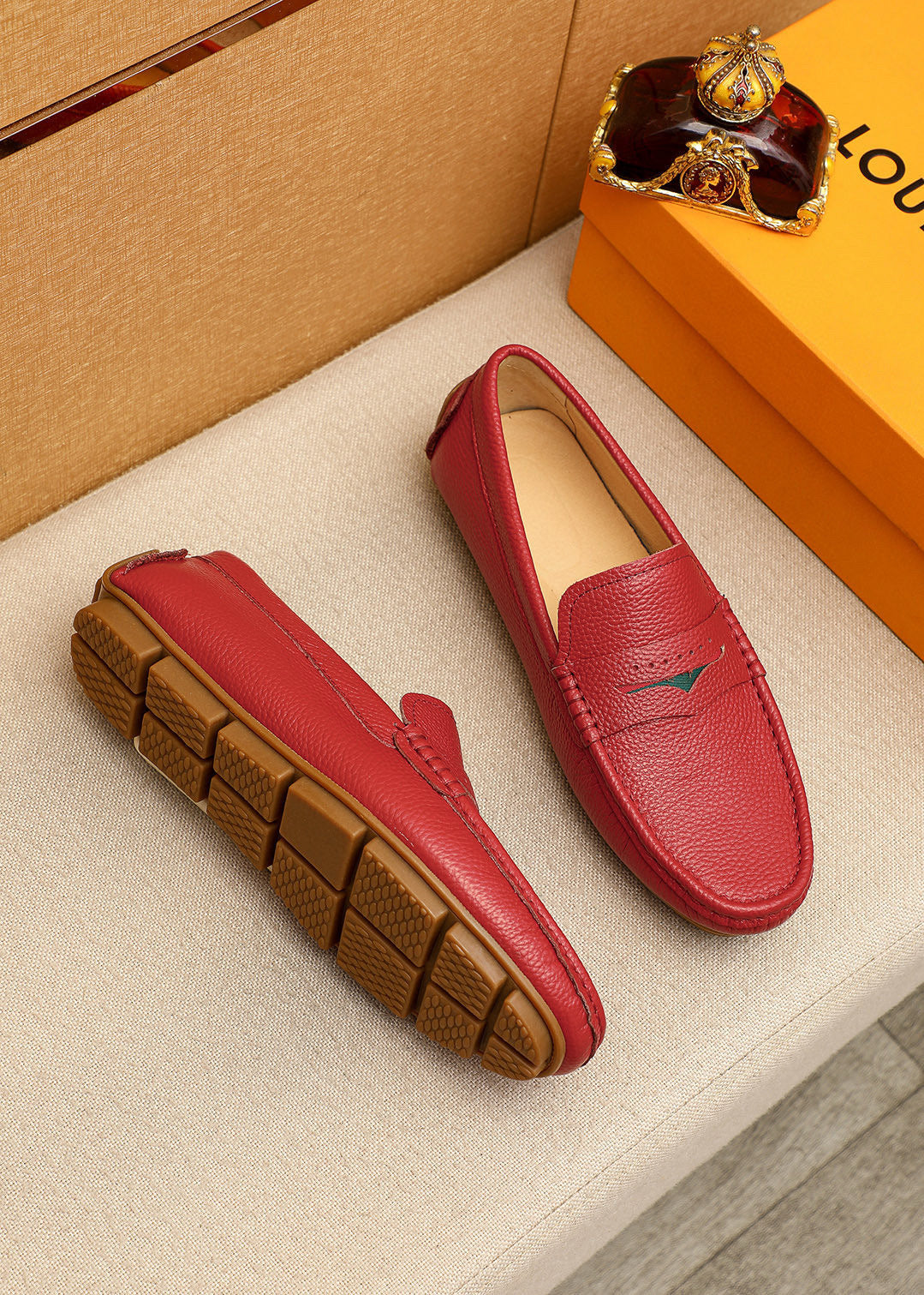Leather Driving Loafers with Red & Green Accent Detail