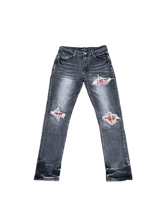 Black Slim Fit Jeans – Red Embroidery & Distressed Holes