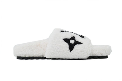 2024 Fuzzy Comfort Slides – White with Black Monogram Graphic - TruVybe Essentials