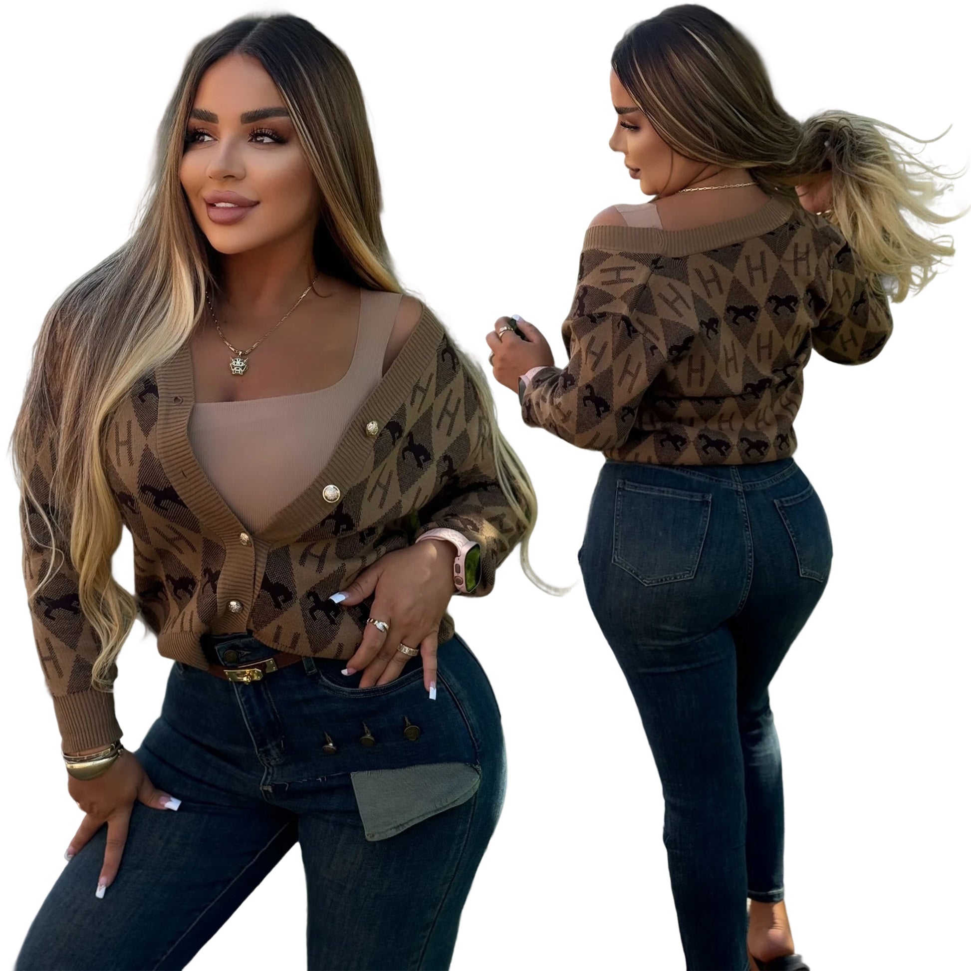 Woman wearing a patterned cardigan and jeans, shown from front and side views.