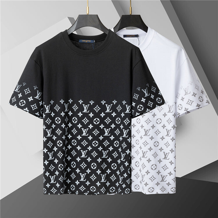 Black and white t-shirts with patterned sleeves on hangers against a gray background
