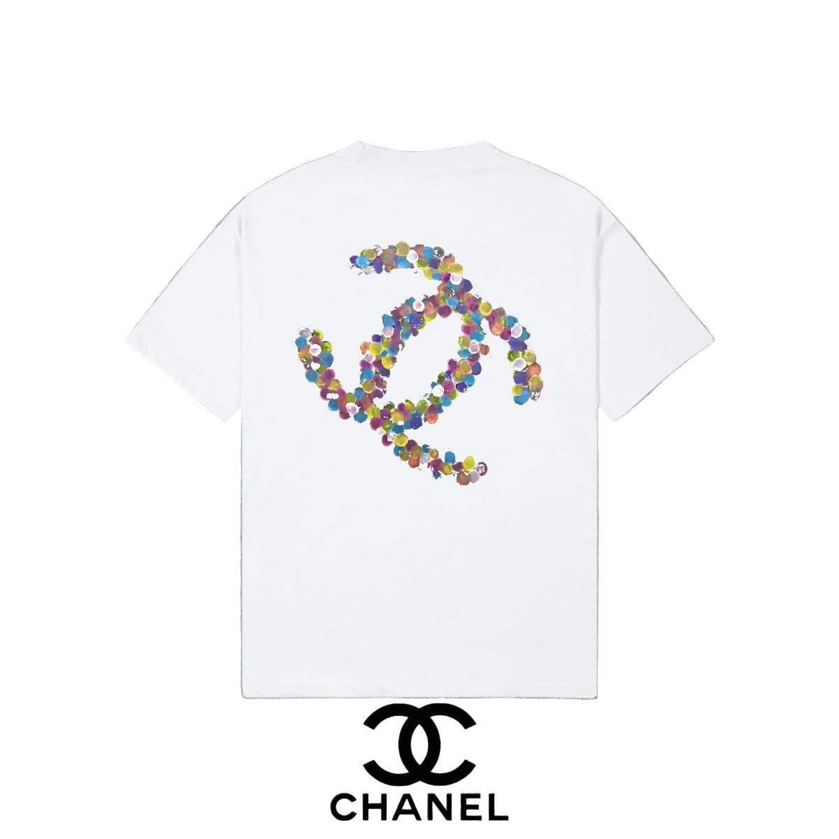 White t-shirt with colorful  graphic 