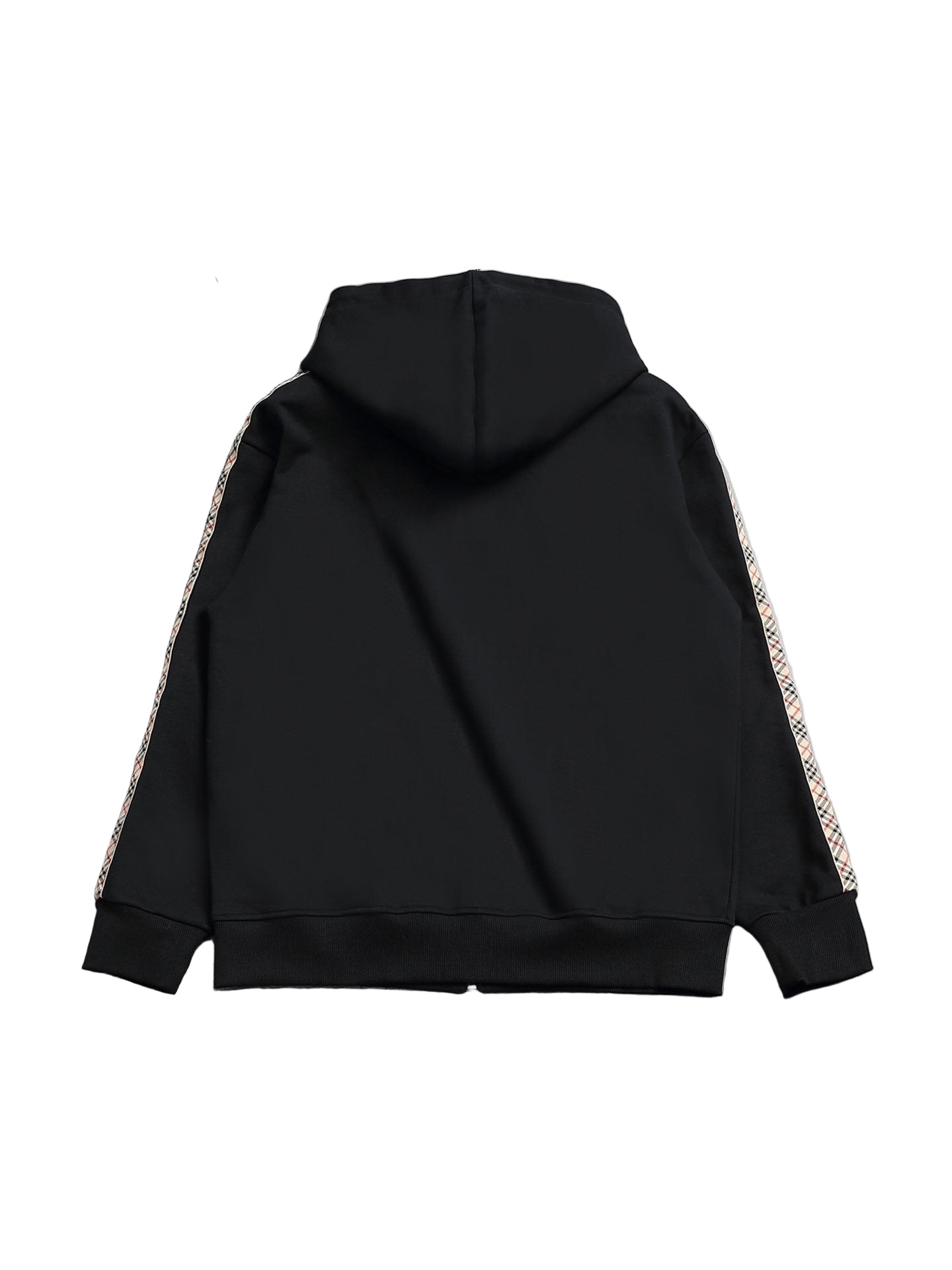 Black hoodie on a hanger against a gray background