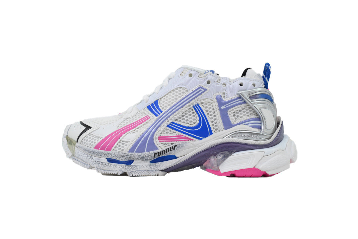 White running shoe with blue and pink accents on a white background