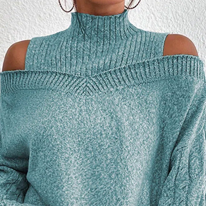Women's Cold Shoulder Sweater - High Neck Cut Out Pullover Long Sleeve Top