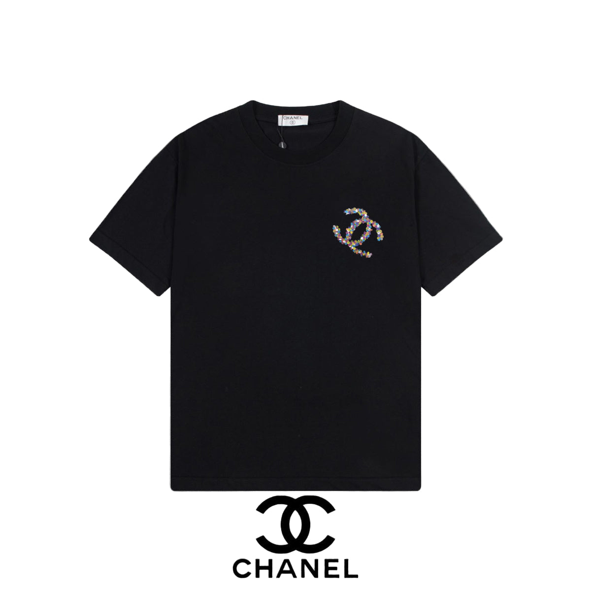 Black t-shirt with graphic on a gray background