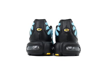 Black shoes with blue accents and visible graphic on a white background