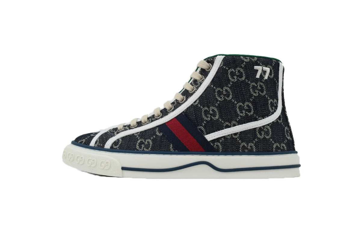 Denim Monogram High-Top Sneakers – Black/Ivory Retro Court Style side