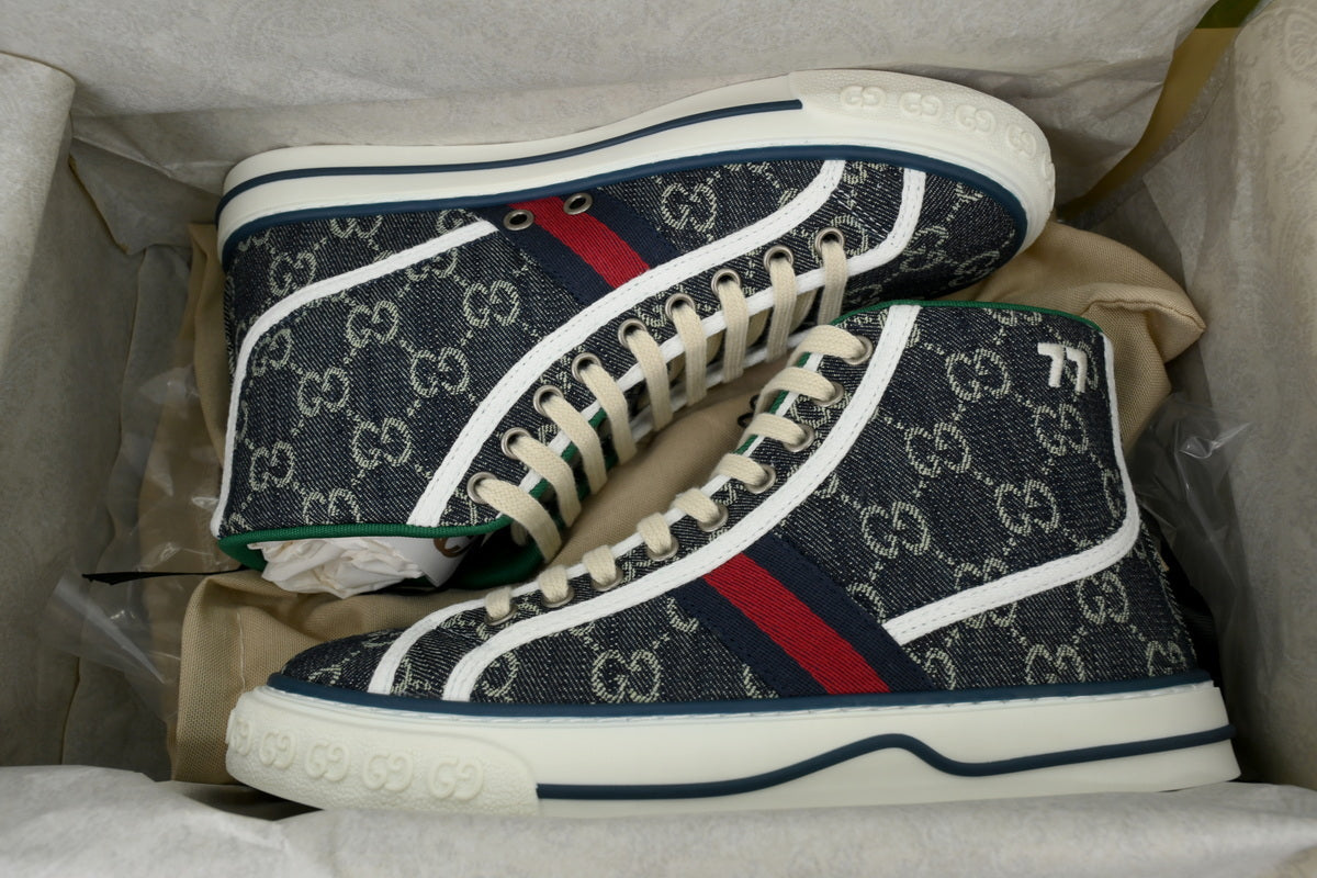 Denim Monogram High-Top Sneakers – Black/Ivory Retro Court Style - TruVybe Essentials