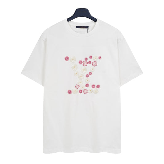 Luxury Embroidered T-Shirt – White Cotton Designer Tee with LV Blossom Motif & Hand-Embroidered Floral Ribbons