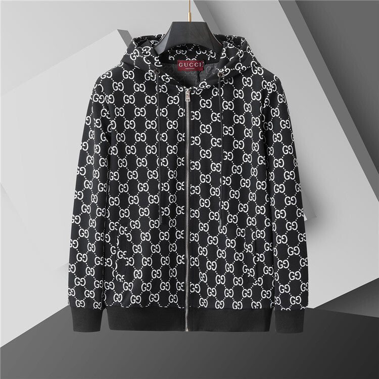 Black jacket with white pattern on a gray background