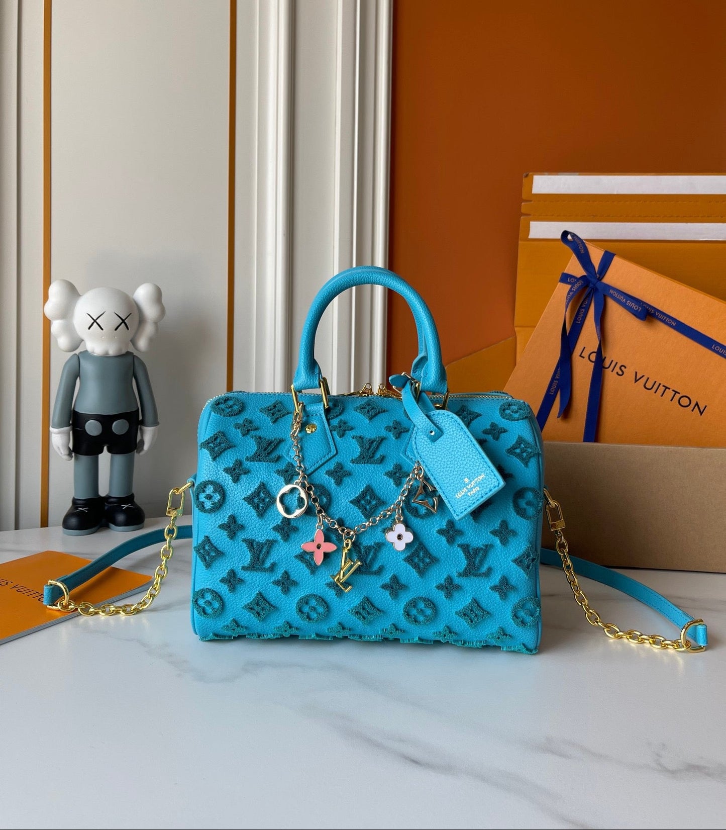 Embossed Monogram Boston Bag with Gold Chain Strap for Women