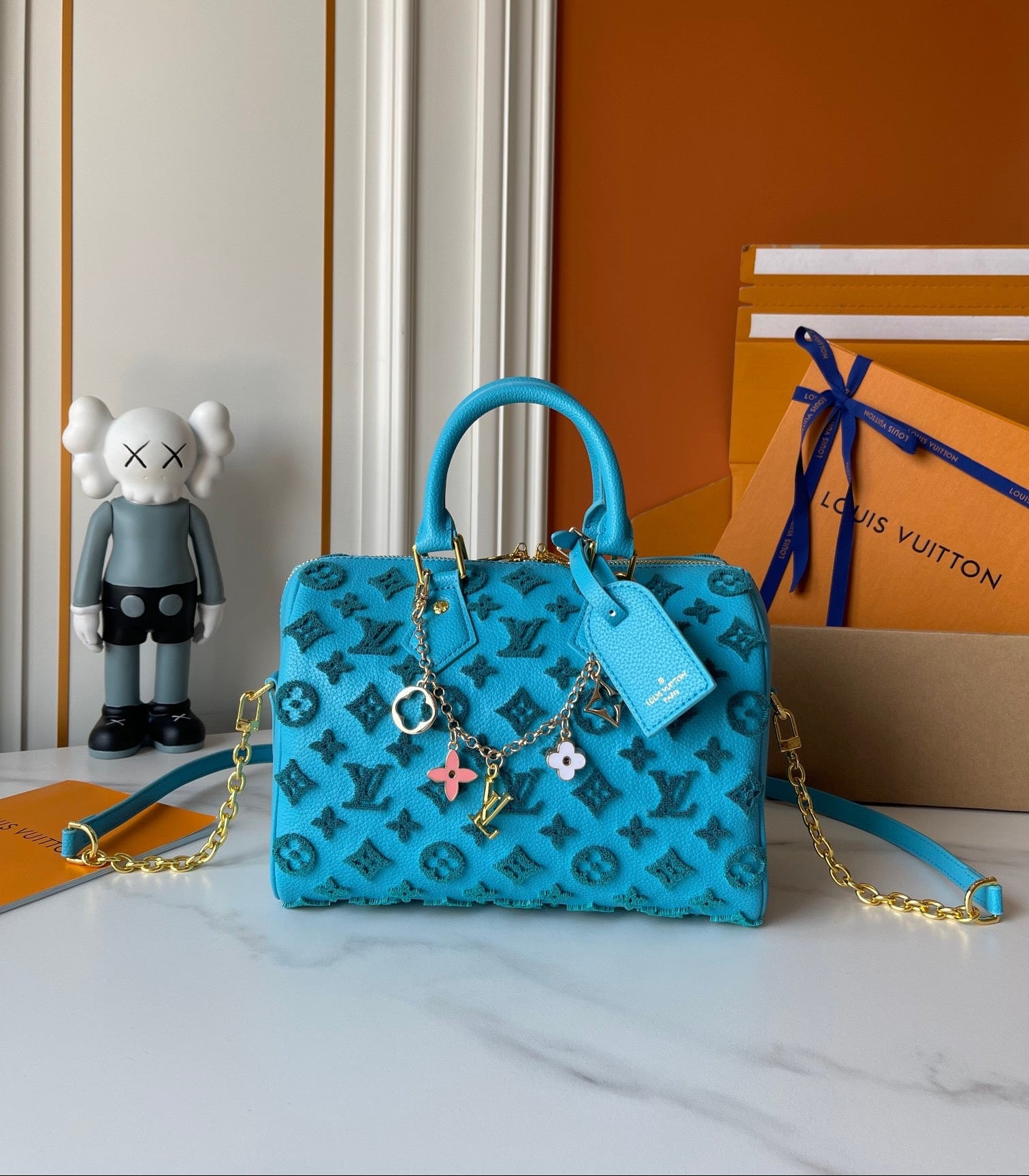 Embossed Monogram Boston Bag with Gold Chain Strap for Women