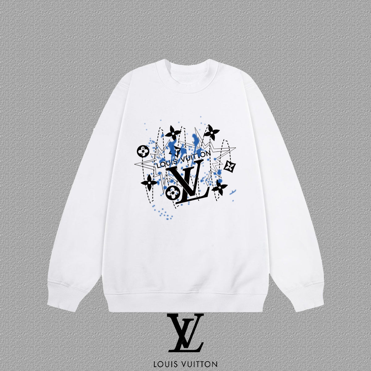 White sweatshirt with a colorful design andgraphic  on a gray background