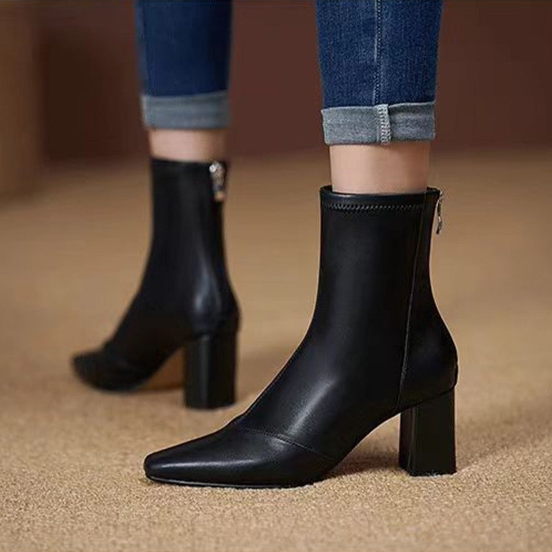Soft Leather Zip-Back Velvet-Lined Skinny Boots — Sleek Heels