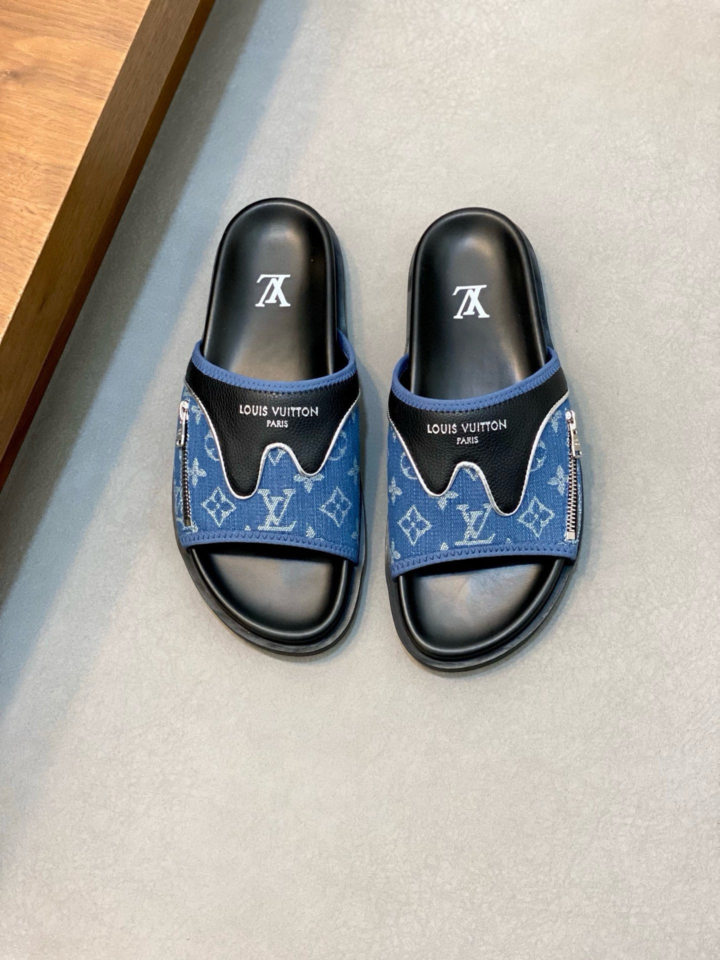Monogram-Style Slide Sandals – Denim & Black Slip-On Casual Slides