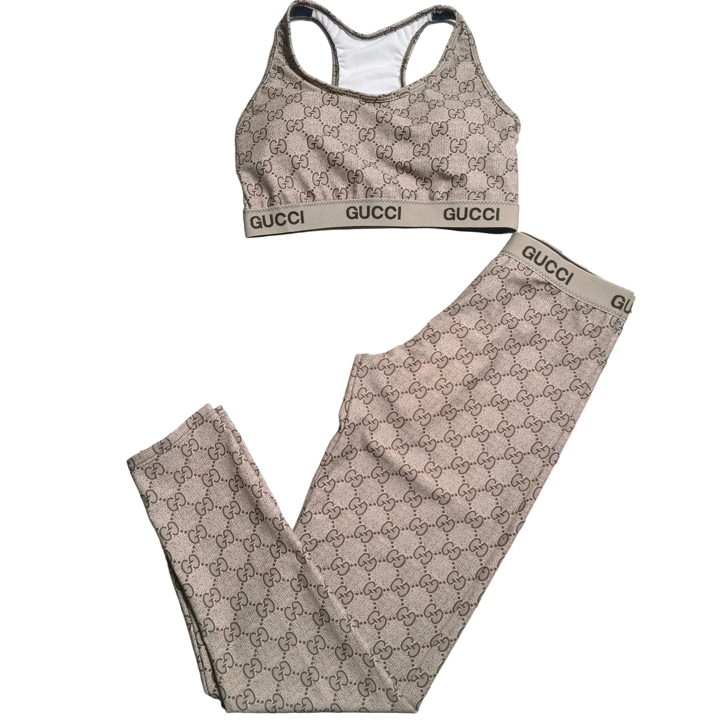 Beige & Green Monogram Print 2-Piece Activewear Set
