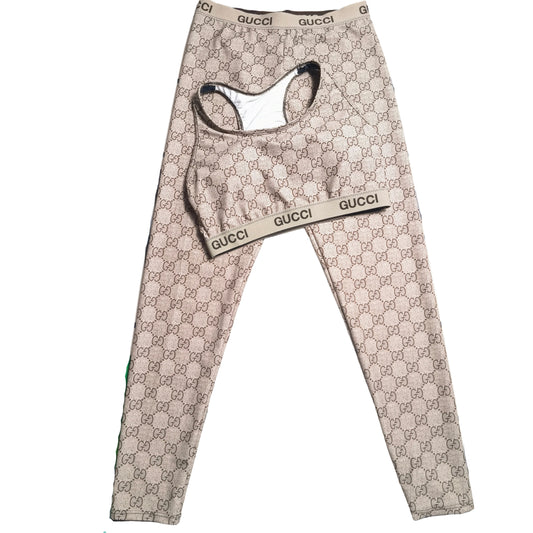 Beige & Green Monogram Print 2-Piece Activewear Set beuge