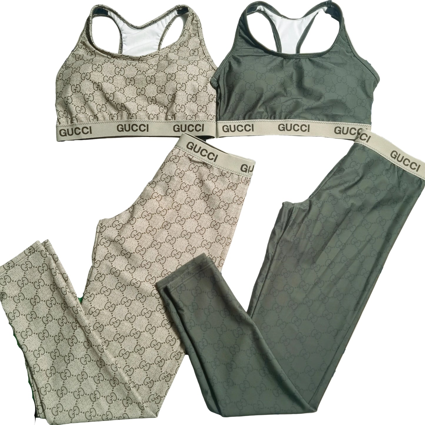 Beige & Green Monogram Print 2-Piece Activewear Set both
