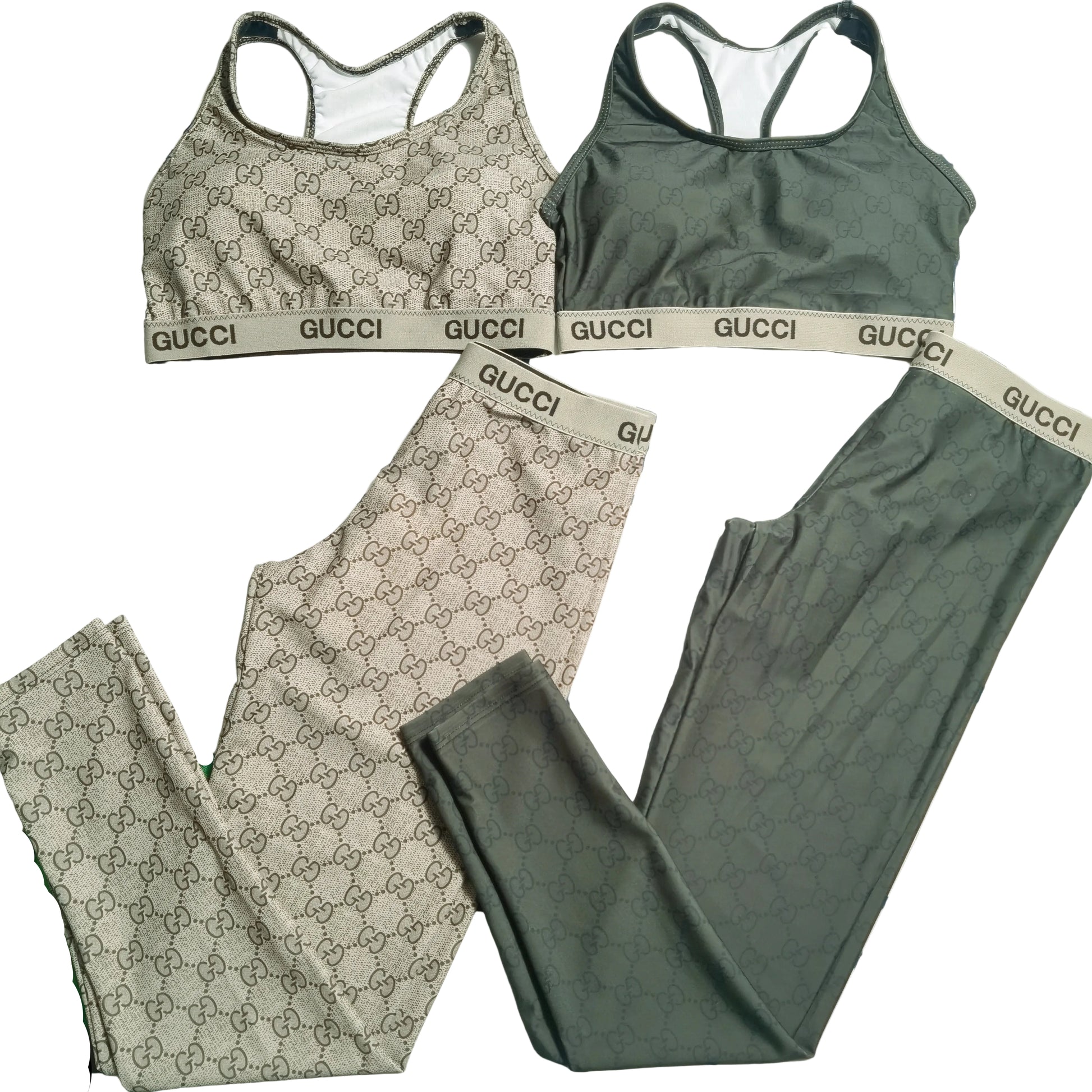 Beige & Green Monogram Print 2-Piece Activewear Set both
