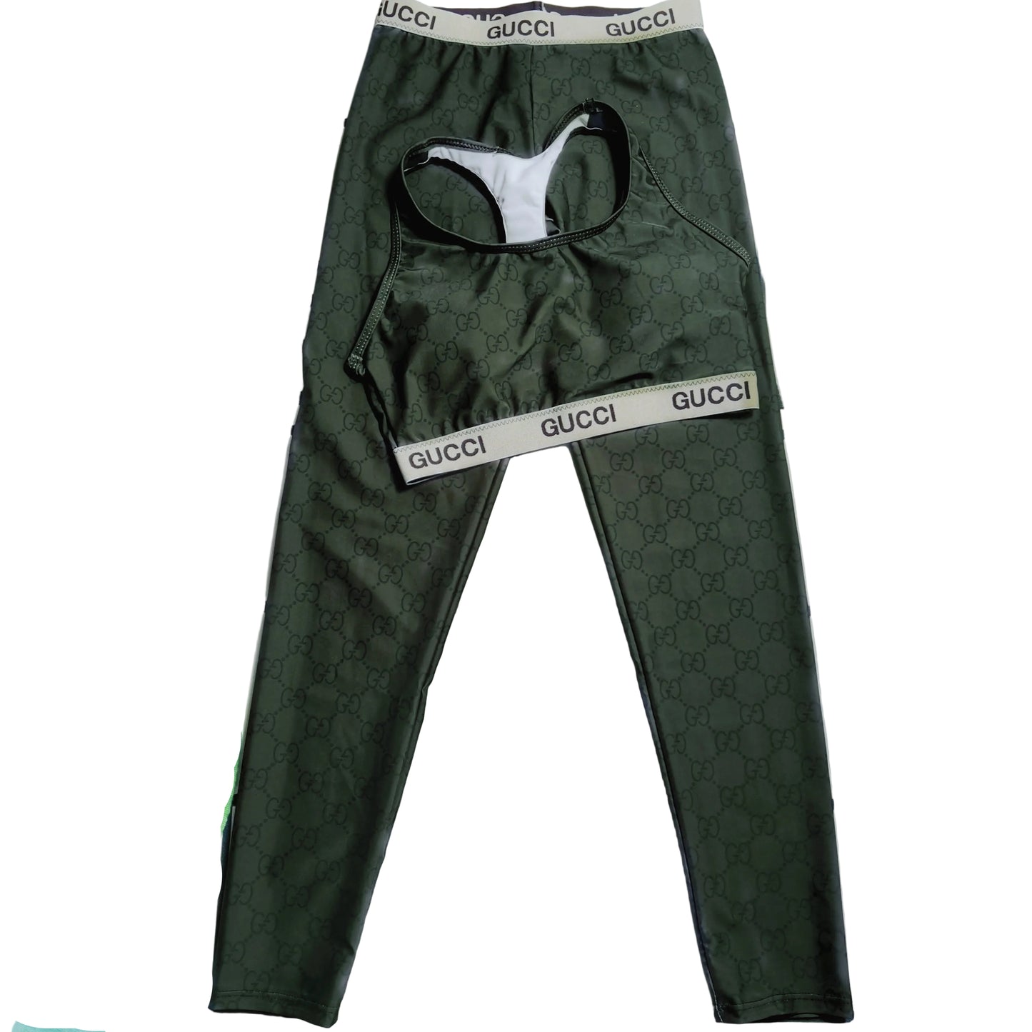 Beige & Green Monogram Print 2-Piece Activewear Set olive