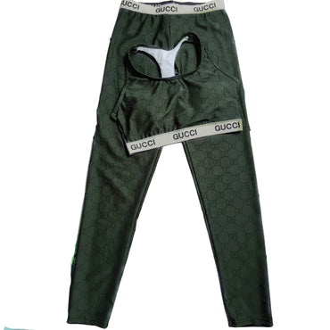 Beige & Green Monogram Print 2-Piece Activewear Set olive