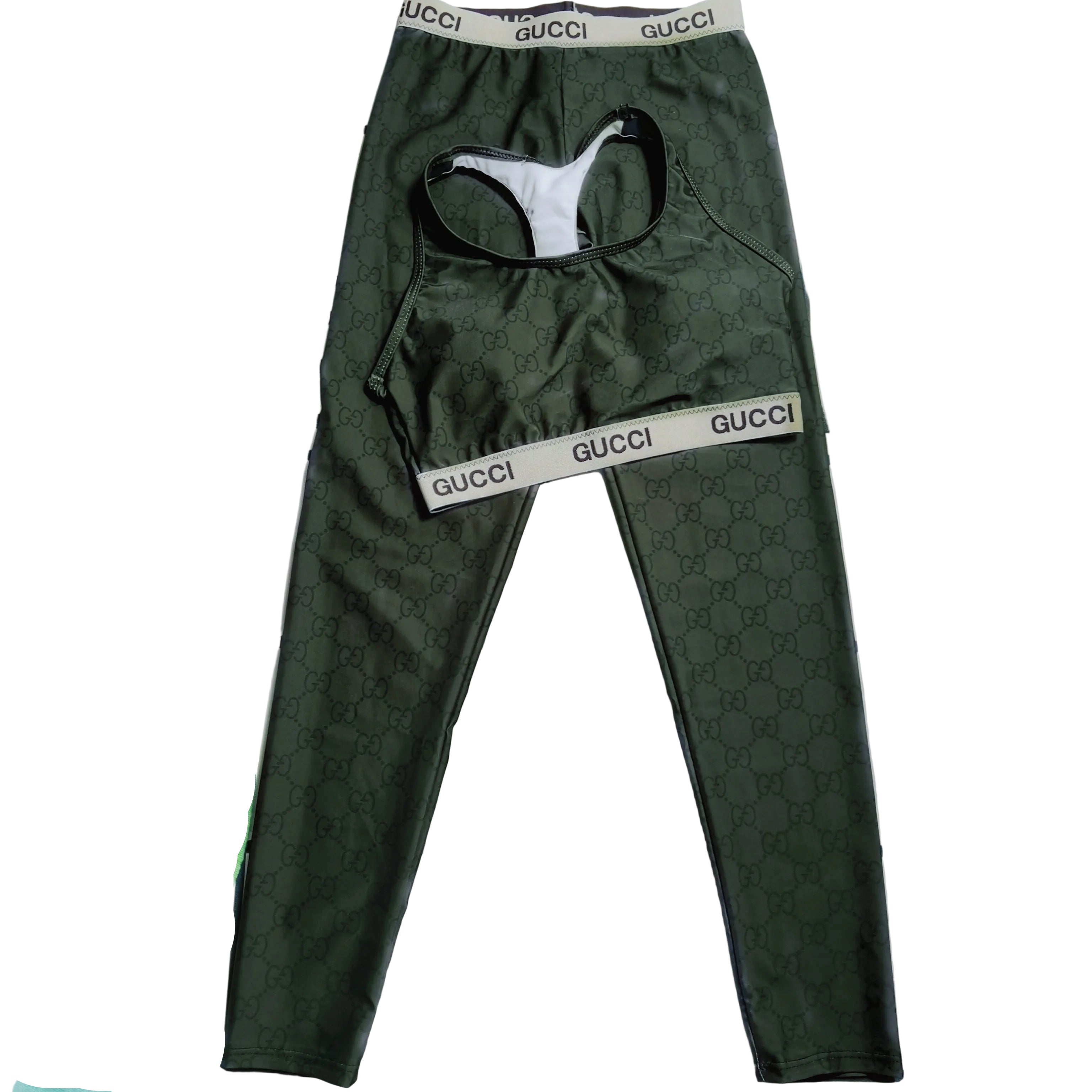 Beige & Green Monogram Print 2-Piece Activewear Set olive