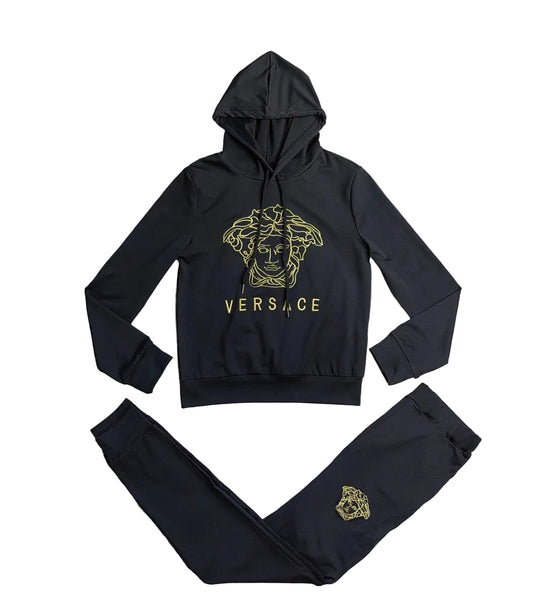 Black 2-Piece Monogram Print Tracksuit Set with Gold Accents