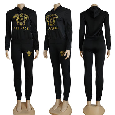 Black 2-Piece Monogram Print Tracksuit Set with Gold Accents side