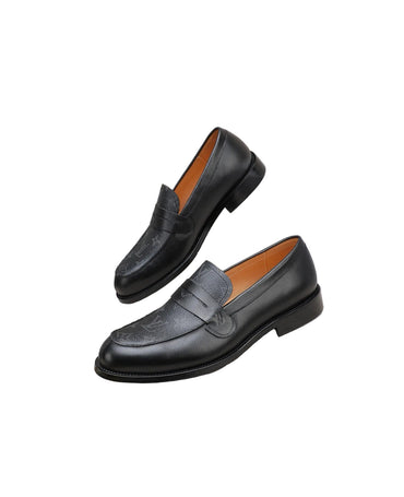 Black Calf Leather Slip-On Loafers with Embossed Monogram Pattern
