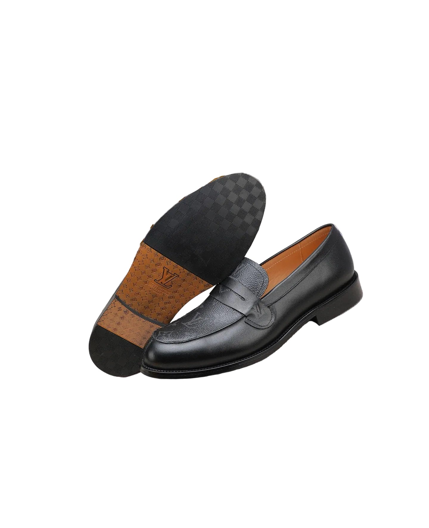 Black Calf Leather Slip-On Loafers with Embossed Monogram Pattern bottom