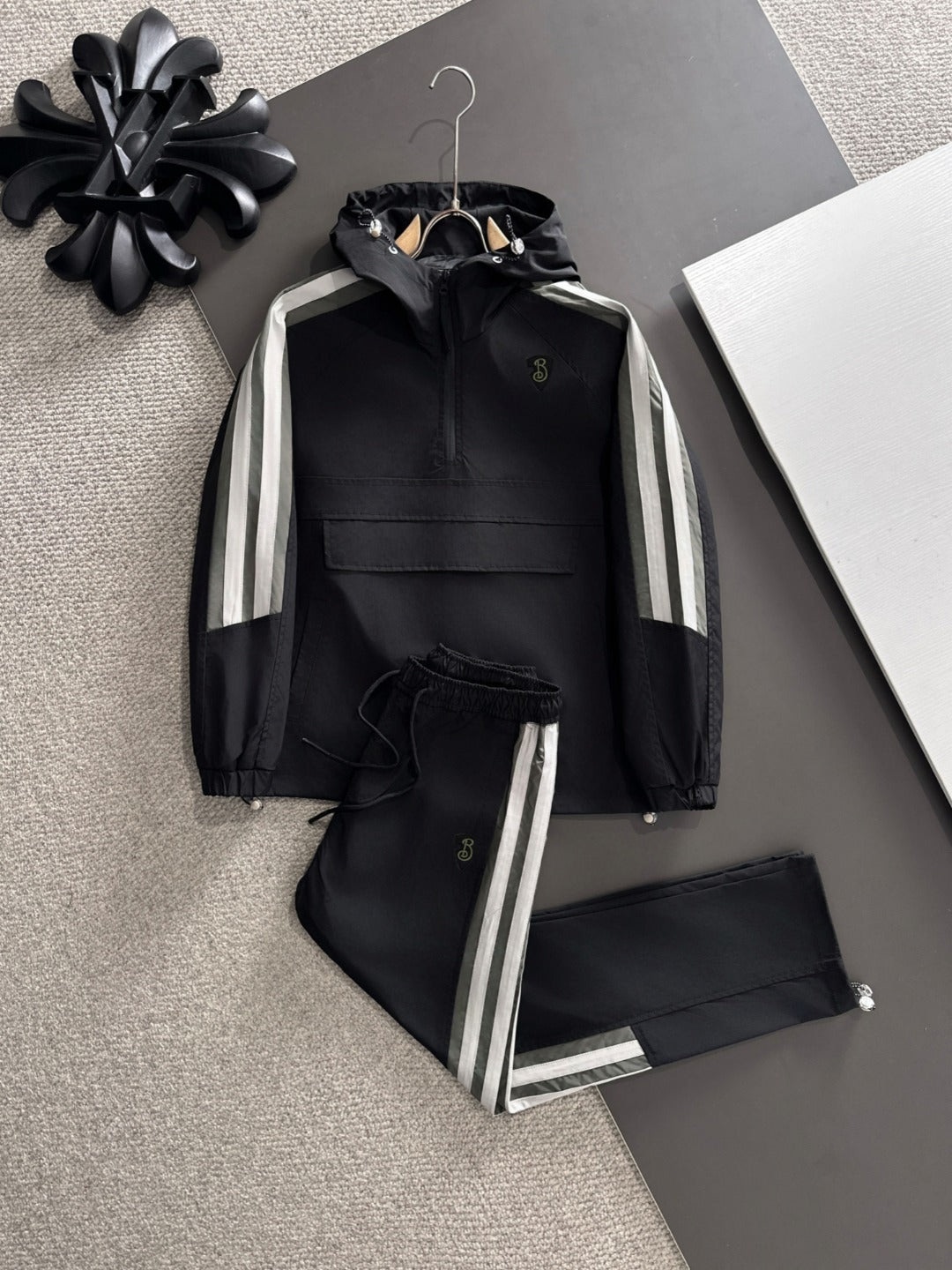 Black Hooded Anorak Jacket & Track Pants Set