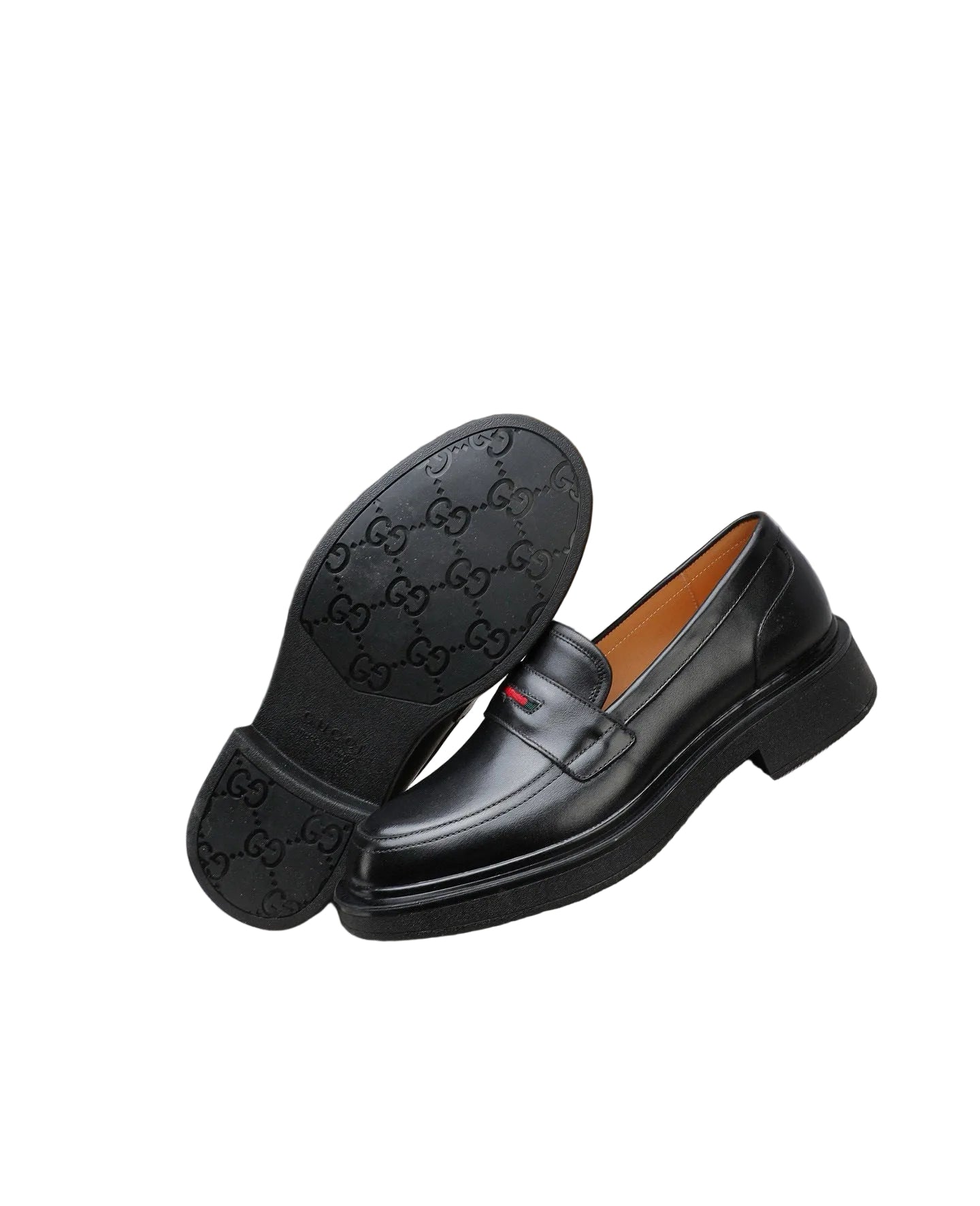 Black Leather Luxury Loafers with Green & Red Accent Strap bottom