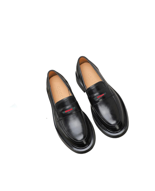 Black Leather Luxury Loafers with Green & Red Accent Strap front