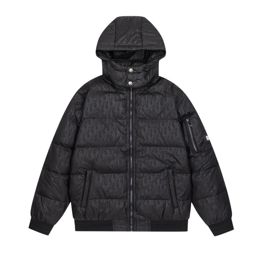 Black Nylon Canvas Down Puffer Jacket with Monogram Print back