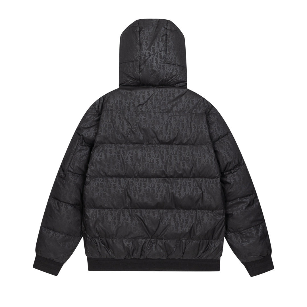 Black Nylon Canvas Down Puffer Jacket with Monogram Print back.
