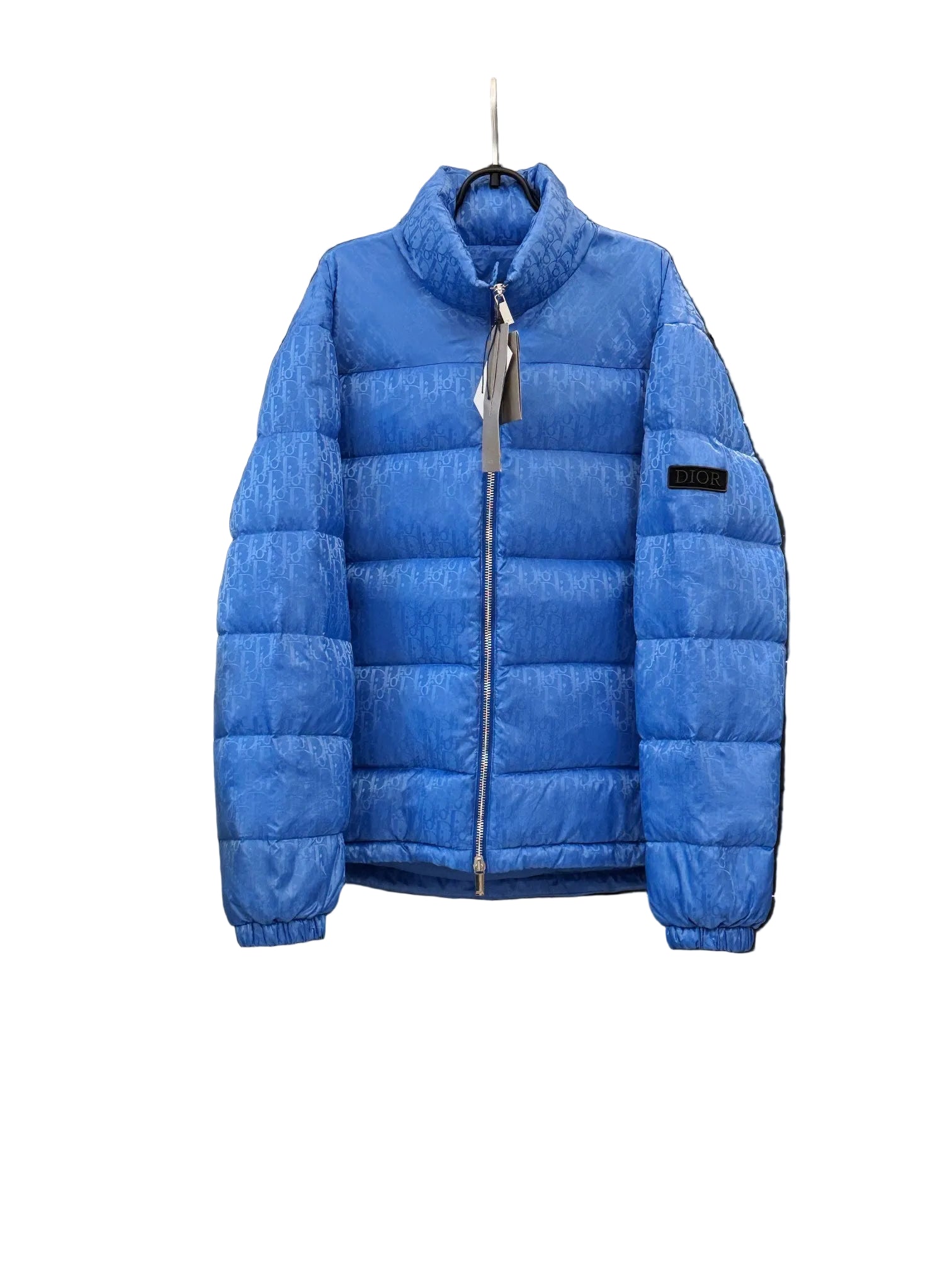 Blue Technical Jacquard Puffer Jacket with All-Over Pattern front