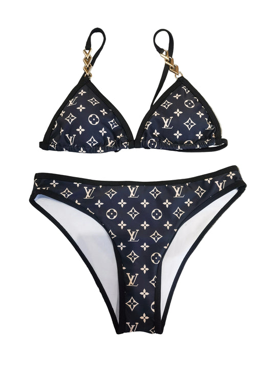 Brown Monogram Print 2-Piece Bikini with Gold-Tone Hardware