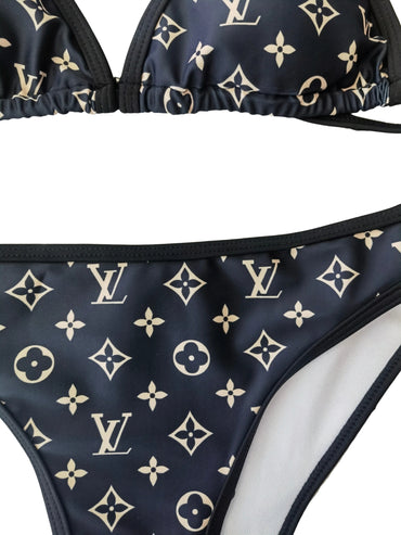 Brown Monogram Print 2-Piece Bikini with Gold-Tone Hardware up close